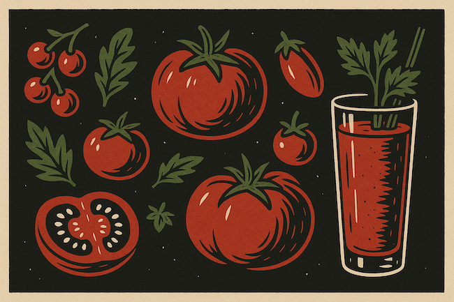 A linocut like image of tomatoes to go with the rural cook's look at the fruit